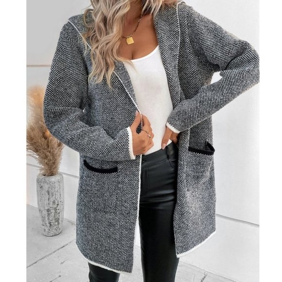 . Sweaters - Pocketed Hooded Black Binding detailed knit sweater Cardigan